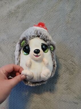 Plush Hedgehog with Sparkly Green Eyes and Red Pom Hat